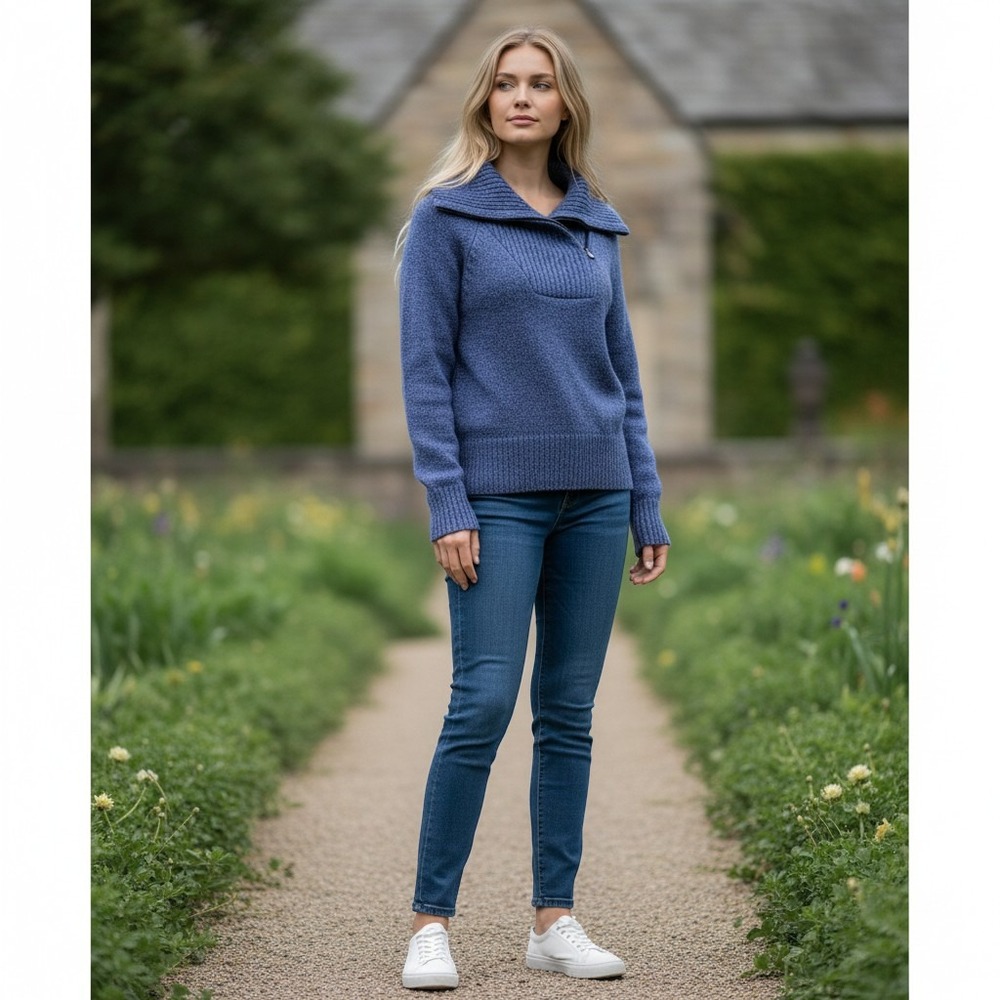 Karen Scott Asymmetrical Zip Sweater M Blue Marled Excellent Cotton Mock Neck